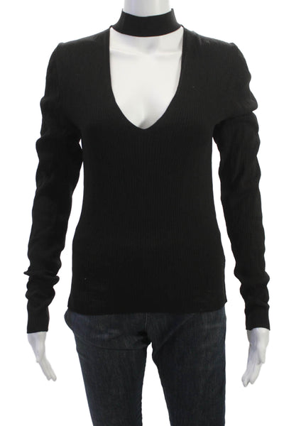 Zara Knit Women Black V-Neck Kimono Sleeve Zip Top Gothic Size L