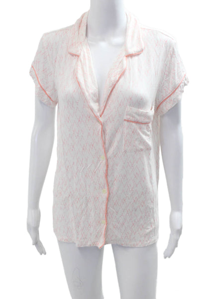 Eberjey Womens Button Front Collared Abstract Knit Pajama Shirt White Medium