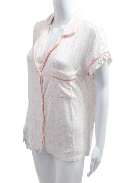 Eberjey Womens Button Front Collared Abstract Knit Pajama Shirt White Medium