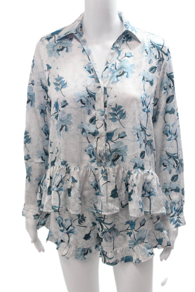 Livenza Womens Button Front Floral Satin Pajama Shirt Shorts Set White Small