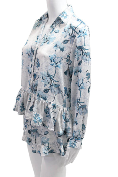 Livenza Womens Button Front Floral Satin Pajama Shirt Shorts Set White Small