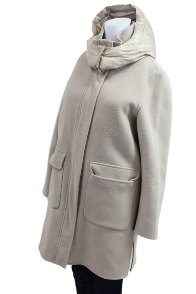Dawn Levy Womens Beige Overcoat High Neck Snap Closure Nylon Size S