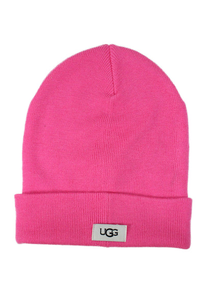 Ugg Womens Logo Front Folded Knit Beanie Hat Hot Pink One Size