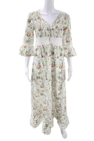 Loretta Caponi Womens White Floral Maxi Dress 3/4 Sleeve Cotton Size M