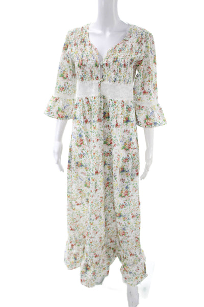 Loretta Caponi Womens White Floral Maxi Dress 3/4 Sleeve Cotton Size M