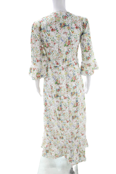 Loretta Caponi Womens White Floral Maxi Dress 3/4 Sleeve Cotton Size M