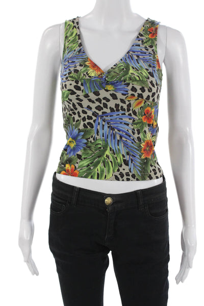 BCBGMAXAZRIA Womens Cropped Tank Beige Floral V-Neck Sleeveless Size XS