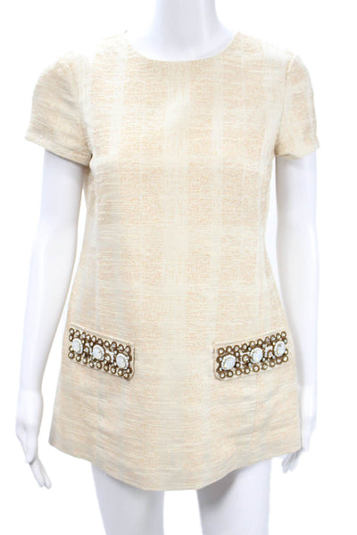 Tory Burch Womens Shift Dress Beige Silk Short Sleeve Round Neck Size 6