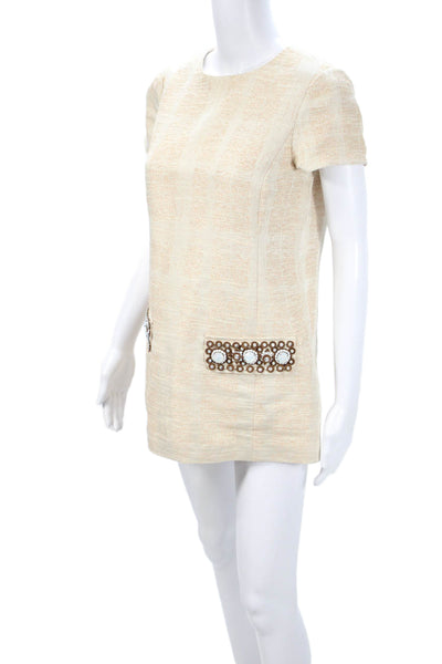 Tory Burch Womens Shift Dress Beige Silk Short Sleeve Round Neck Size 6