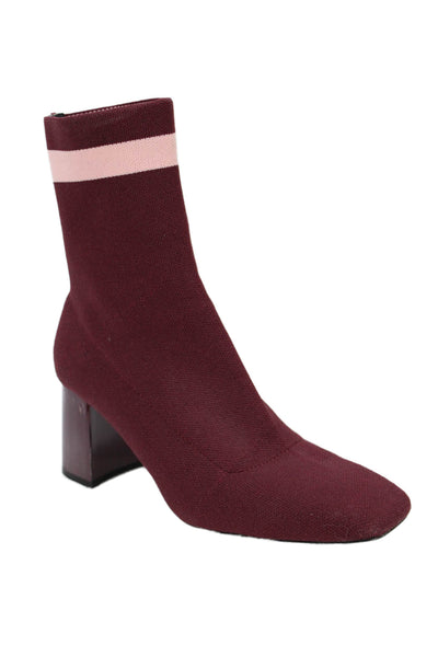 Zara Womens Slip On Block Heel Striped Trim Knit Booties Burgundy Size 39