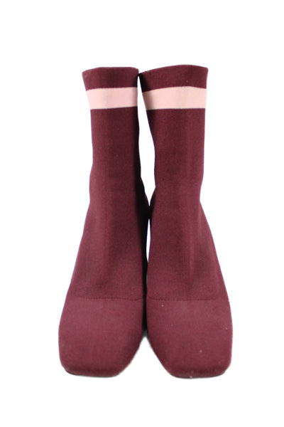 Zara Womens Slip On Block Heel Striped Trim Knit Booties Burgundy Size 39