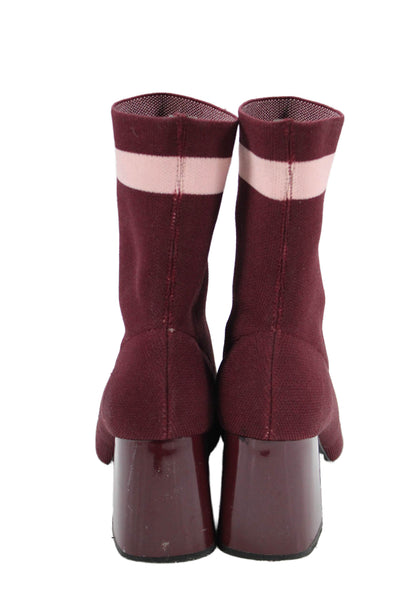 Zara Womens Slip On Block Heel Striped Trim Knit Booties Burgundy Size 39