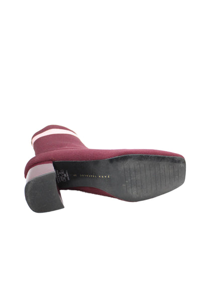 Zara Womens Slip On Block Heel Striped Trim Knit Booties Burgundy Size 39