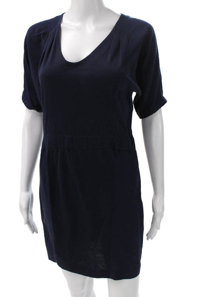 J Crew Womens Shift TShirt Dress Dark Blue Vneck Sleeve Silk Cotton Size XS