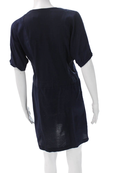 J Crew Womens Shift TShirt Dress Dark Blue Vneck Sleeve Silk Cotton Size XS