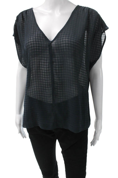 AG Womens Black V-Neck Check Short Sleeve Blouse Size S