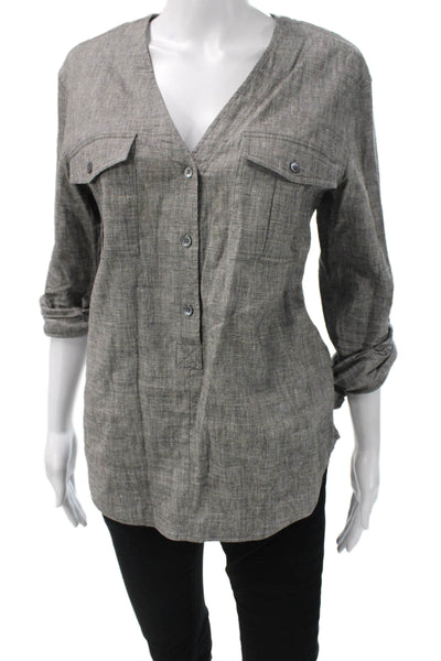 Theory Women Petite Tunic V-Neck 3/4 Sleeve Gray Linen Blend Size S