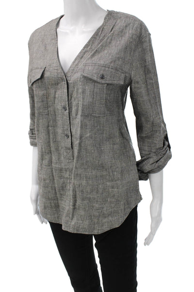 Theory Women Petite Tunic V-Neck 3/4 Sleeve Gray Linen Blend Size S