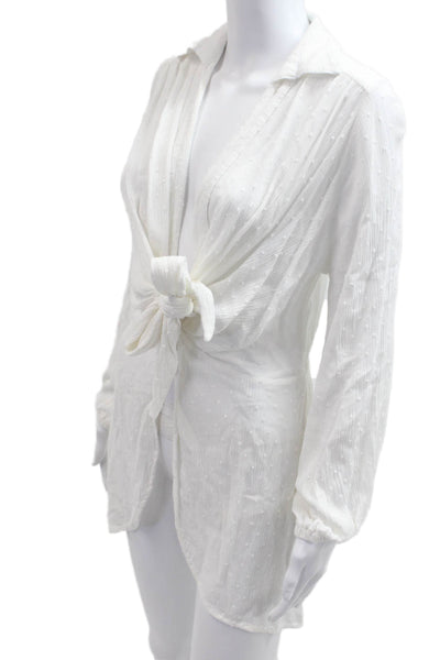 Surf Gypsy Women Kimono Dress White Polka Dot Long Sleeve Rayon Tie Size M