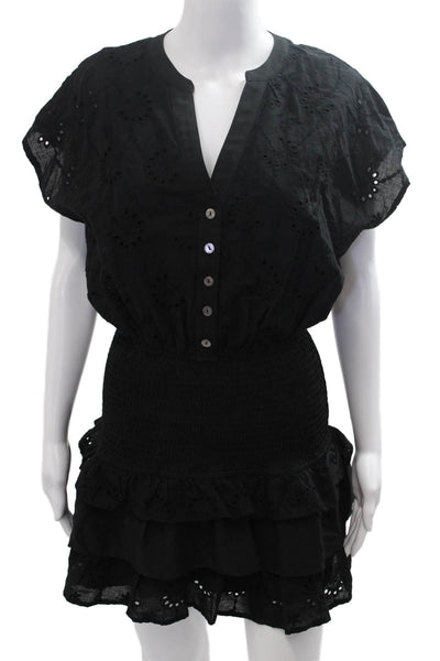 Entro Womens Black Blouson Mini Dress V-Neck Short Sleeve Cotton Size S