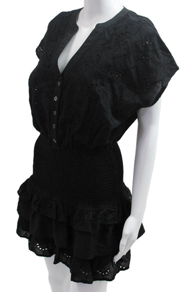 Entro Womens Black Blouson Mini Dress V-Neck Short Sleeve Cotton Size S