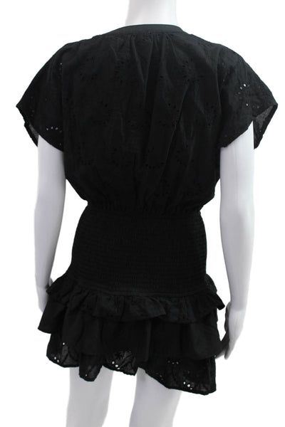 Entro Womens Black Blouson Mini Dress V-Neck Short Sleeve Cotton Size S