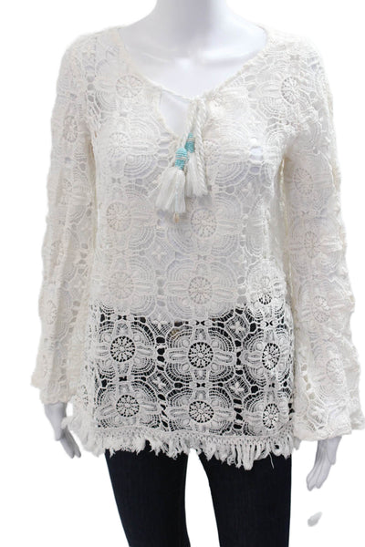 Surf Gypsy Womens Tunic White Floral V-Neck Long Sleeve Size M