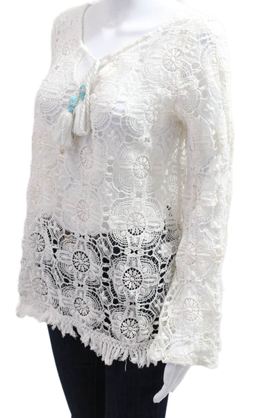 Surf Gypsy Womens Tunic White Floral V-Neck Long Sleeve Size M