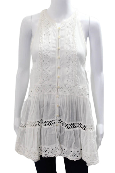 Free People Women Boho White Sleeveless Button Up Tunic Rayon Cotton Size XS