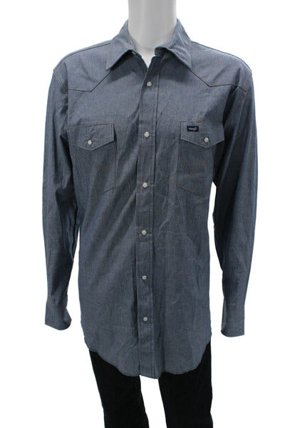 Wrangler Mens Cotton Collared Long Sleeve Button-Down Shirt Blue Size XL