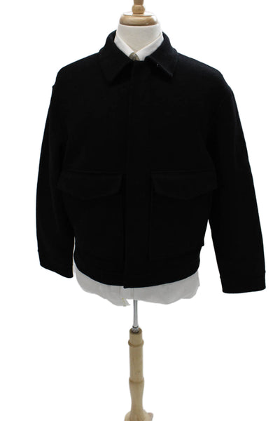 Zara Mens Bomber Jacket Black Wool Blend Collared Long Sleeve Size L