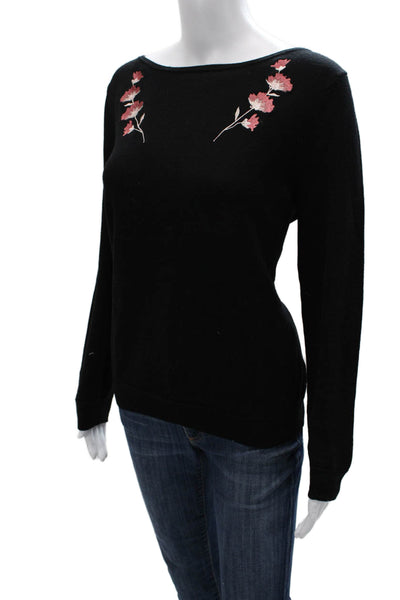Brooks Brothers Womens Black Floral Merino Wool Pullover Sweater Size XL