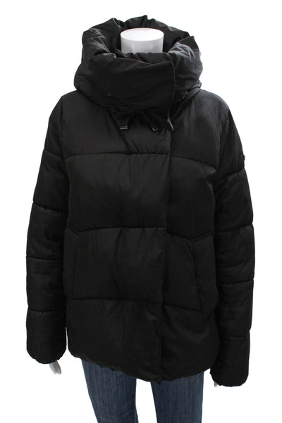 BCBGMAXAZRIA Womens Quilted Puffer Jacket Black High Neck Drawstring Size S