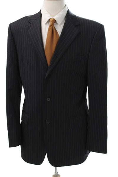 Andrew Fezza Mens Black Wool Striped Suit Jacket Button Size 40