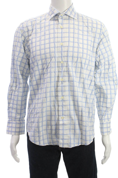 Etro Mens Point Collar Check Dress Shirt White Cotton Long Sleeve Size 39
