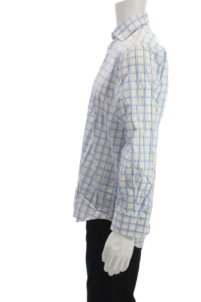 Etro Mens Point Collar Check Dress Shirt White Cotton Long Sleeve Size 39