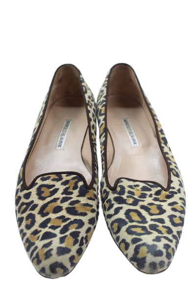 Manolo Blahnik Women's Pointed Toe Animal Print Loafers Shoes Size 37.5