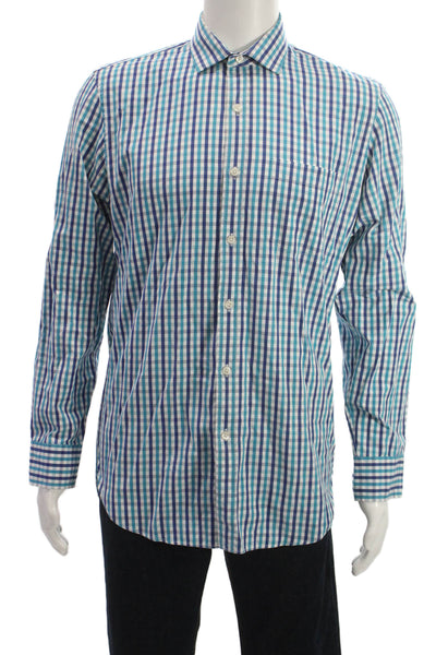 J Crew Mens Button Front Collared Plaid Gingham Shirt Blue White Size Medium