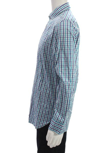 J Crew Mens Button Front Collared Plaid Gingham Shirt Blue White Size Medium
