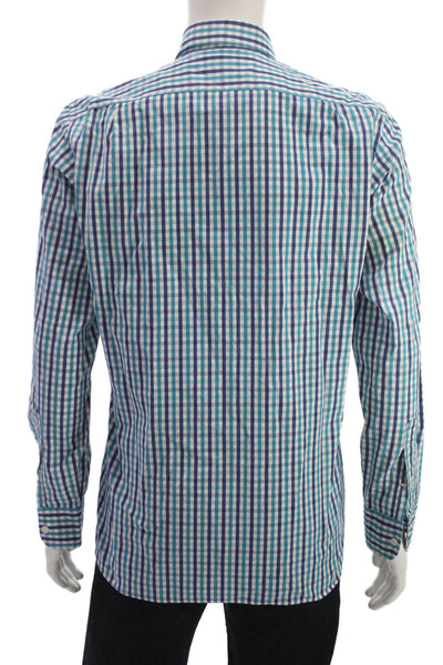 J Crew Mens Button Front Collared Plaid Gingham Shirt Blue White Size Medium