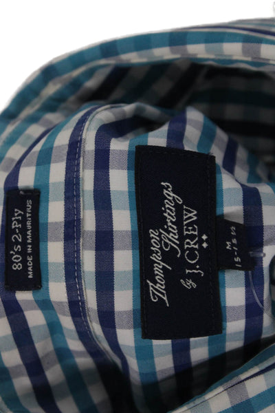 J Crew Mens Button Front Collared Plaid Gingham Shirt Blue White Size Medium