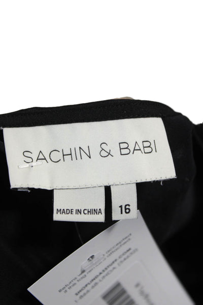 Sachin & Babi Women Designer Satin Black Tie Long Sleeve Blouse Size 16