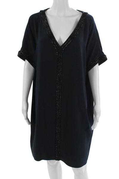 Carmen Marc Valvo Womens Dark Blue Kaftan Dress V-Neck Short Sleeve Size 14