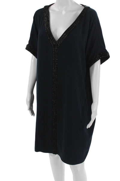 Carmen Marc Valvo Womens Dark Blue Kaftan Dress V-Neck Short Sleeve Size 14