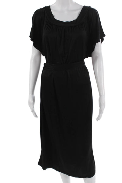 BCBGMAXAZRIA Women Blouson Dress Black Mid-Calf Round Neck Tie Waist Size L