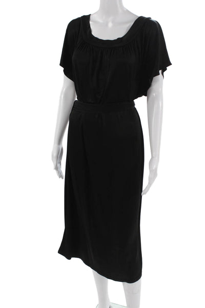 BCBGMAXAZRIA Women Blouson Dress Black Mid-Calf Round Neck Tie Waist Size L