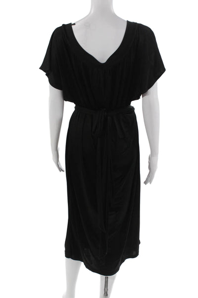 BCBGMAXAZRIA Women Blouson Dress Black Mid-Calf Round Neck Tie Waist Size L