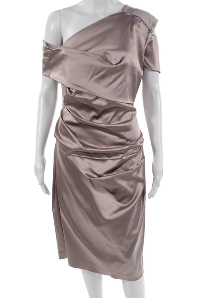 Talbot Runhof Womens Sheath Dress Beige Mid Calf Short Sleeve Designer Size 46