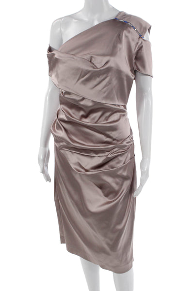 Talbot Runhof Womens Sheath Dress Beige Mid Calf Short Sleeve Designer Size 46