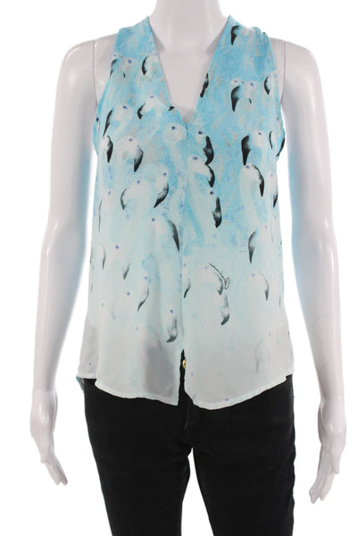 RaMona LaRue Women Light Blue V-Neck Sleeveless Tank Bird Print Crepe Size S
